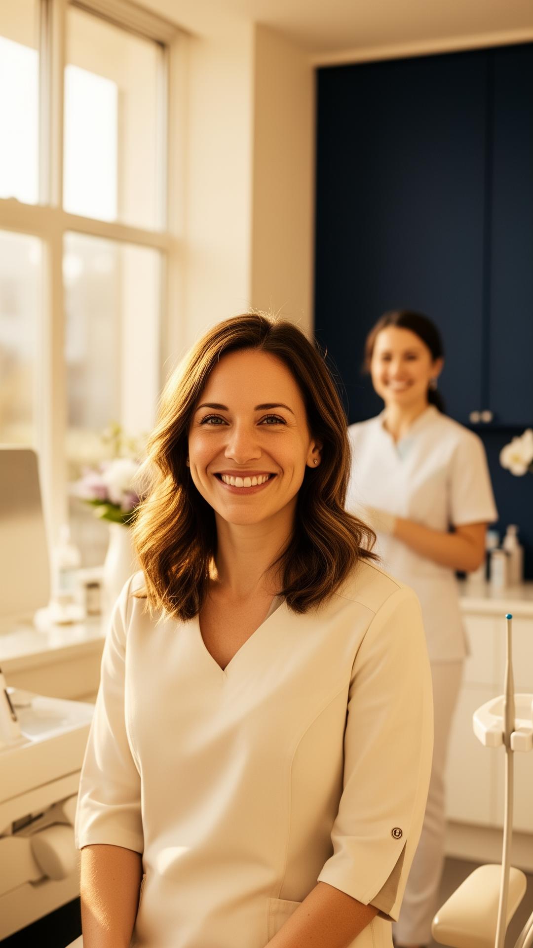 Smiling patient with friendly hygienist in a bright modern dental office